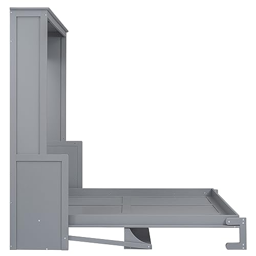 Murphy Bed Queen Bed Frame with Storage Shelves and LED Lights Folding Wall Bed with Wood Slats Queen Size Murphy Bed Cabinet Bed, Space Saving, White
