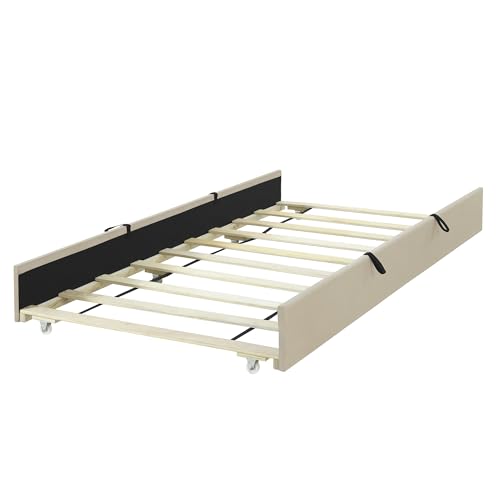 Harper & Bright Designs Platform Bed, Merax Twin Size Velvet Upholstered Bed Frame with Twin Size Trundle for Bedroom, Wood Slat Support, No Box Spring Needed, Easy Assembly, Beige