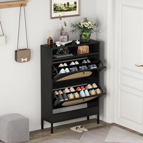 Rattan Shoe Cabinet, Shoe Storage Cabinet with 2 Flip Drawers, Hidden Shoe Storage, Slim Shoe Closet, Sneaker Storage, Shoe Organizer for Entryway, Hallway, Living Room,Black