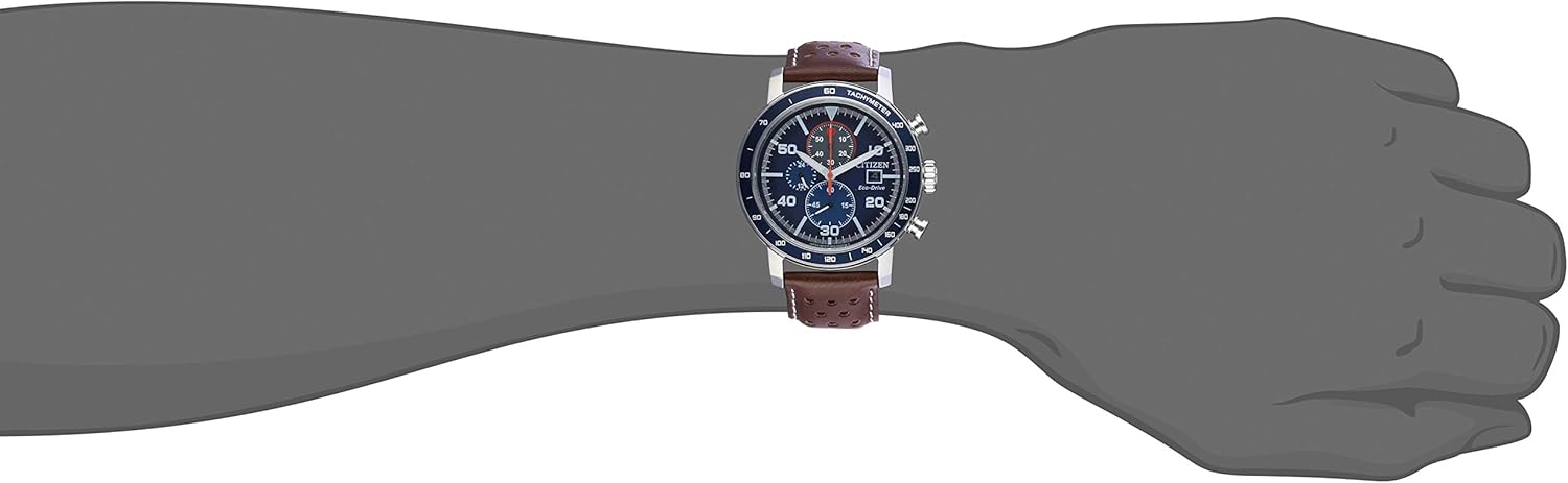 Citizen Men's Eco-Drive Weekender Brycen Chronograph Watch in Stainless Steel, Brown Leather strap, Blue Dial (Model: CA0648-09L)