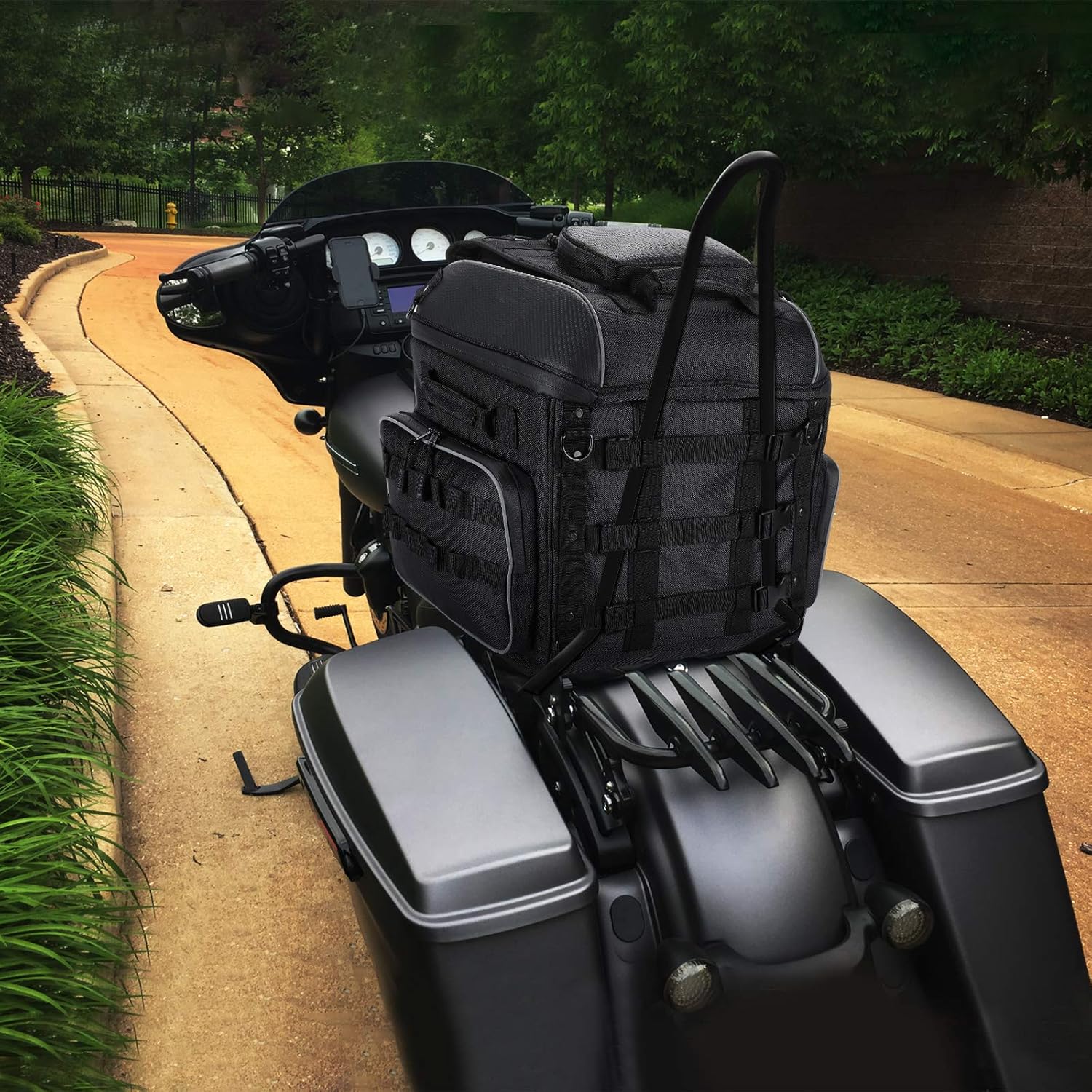 KEMIMOTO Motorcycle Travel Luggage Bag, Motorcycle Tail Bag for Softail Sportster Dyna Touring Models Road King Road Glide Street Glide Waterproof All Weather with Sissy Bar Straps Black