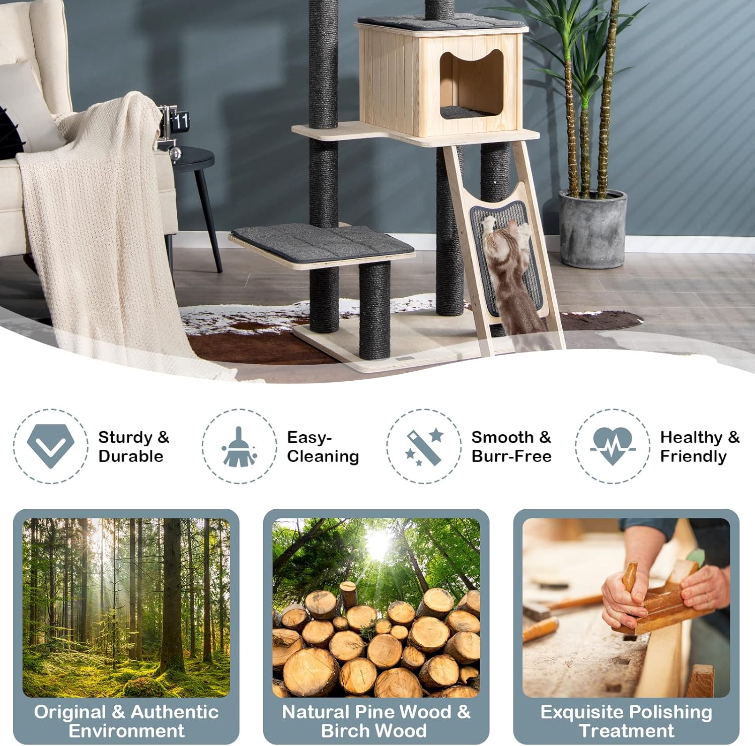 PETSITE 69" Tall Wooden Cat Tree Tower, Modern Cat Activity Center Tree with Sisal Posts & Scratch Board, Condo & Top Perch for Kitchen & Large Cat, Grey