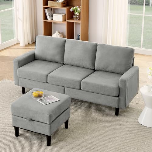 P PURLOVE Upholstered Sectional Sofa, 3 Seat Sofa with Storage Reversible Ottoman, Fabric L Shaped Couch for Living Room, Bedroom, Small Spaces, Apartment (Navy Blue)