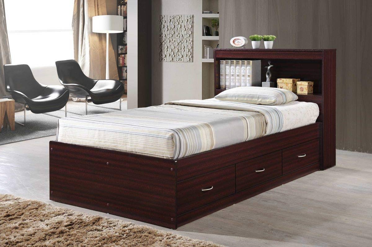 Hodedah Twin-size Captain Bed with 3-Drawers and Headboard (Mahogany)