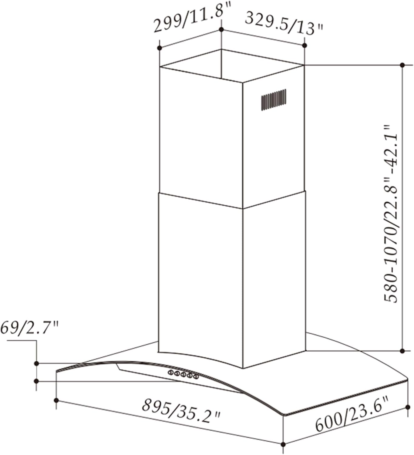 AKDY 36 in. 343 CFM Convertible Island Mount Range Hood with Tempered Glass and Carbon Filters in Stainless Steel