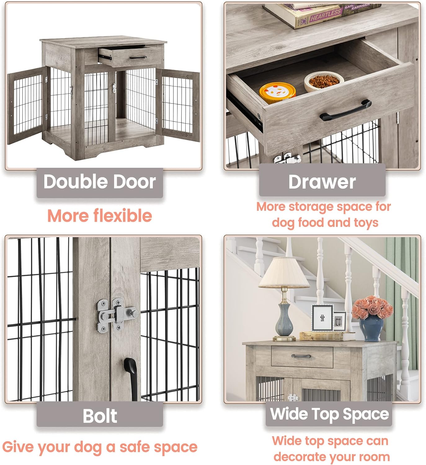 Furniture Style Dog Crate End Table with Drawer, Pet Kennels with Double Doors, Dog House Indoor Use, Dog Kennel for Small, End Table, 29.9'' W x 24.8'' D x 30.71'' H,Gray