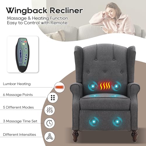 Wingback Recliner Chair with Massage and Heat, Tufted Fabric Pushback Recliner Chair, Wingback Chair with Remote Control, Padded Cushion, Wooden Legs, Small Recliners for Small Spaces
