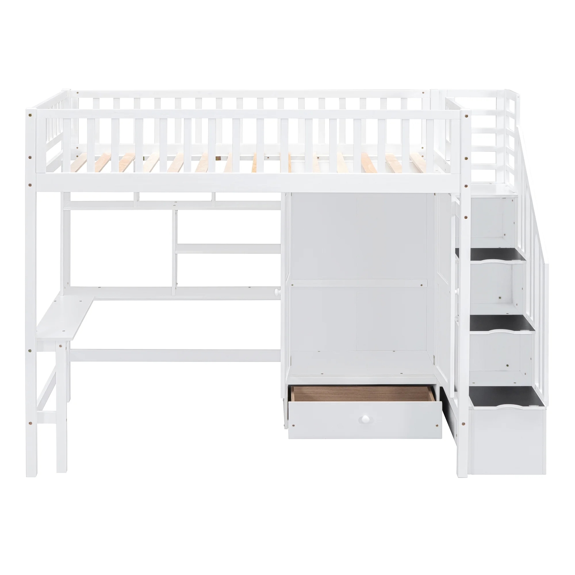 Bellemave Twin Size Loft Bed with Stairs and Wardrobe, Wood Loft Beds Frame with Desk and Storage Drawers, Stairway Loft Bed for Kids, Teens & Adults（White）