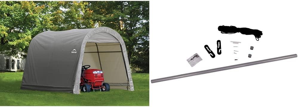 ShelterLogic 10' x 10' Shed-in-a-Box All Season Steel Metal Round Roof Outdoor Storage Shed with Waterproof Cover and Heavy Duty Reusable Auger Anchors, Grey & Pull-Eaze Roll-Up Door Kit