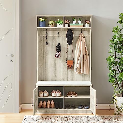 Hall Tree with Storage Bench 3-in-1 Entryway Bench with Coat Rack and Shoe Cabinet Wood Coat Hanger with Open Shelves and Cushioned Bench for Hallway Living Room Mudroom, Walnut
