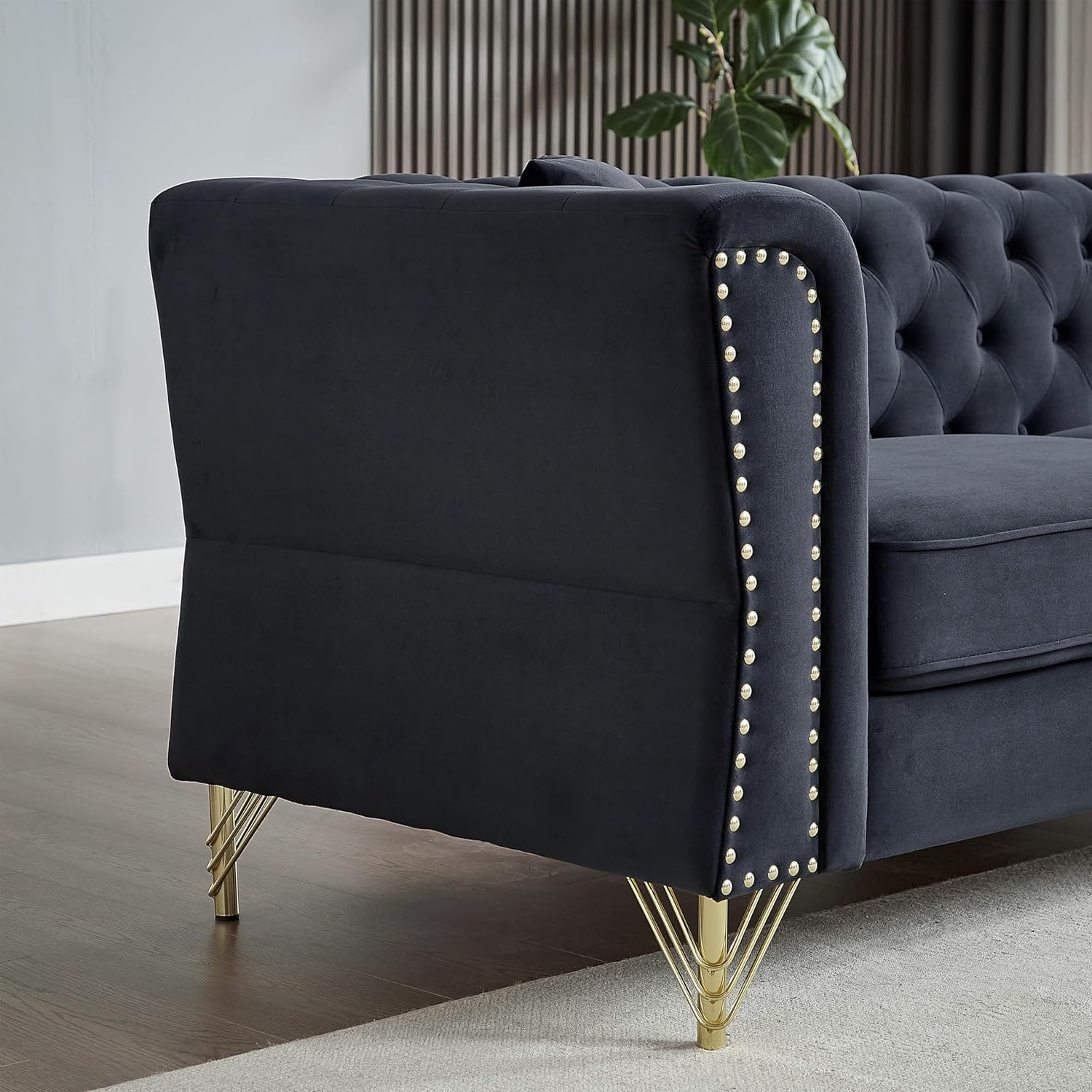 3-seater + 2-seater Combination Sofa Tufted Couch with Rolled Arms and Nailhead for Living Room, Bedroom, Office, Apartment, four pillows (Black)