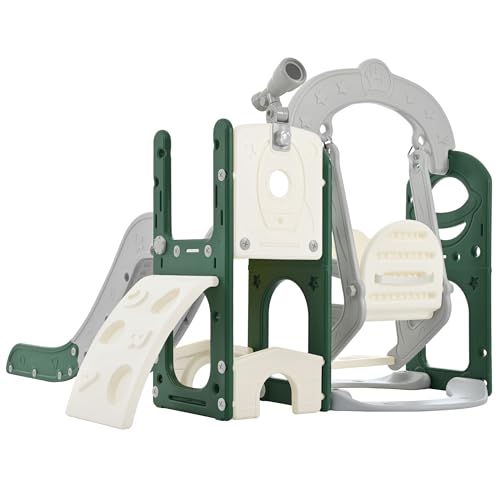6 in 1 Toddler Slide with Swing Playset, Climbing Toys Indoor Outdoor for Toddlers 1-3, Kid Slide with Swing with Climber Basketball Hoop & Telescope, Freestanding Baby Playground