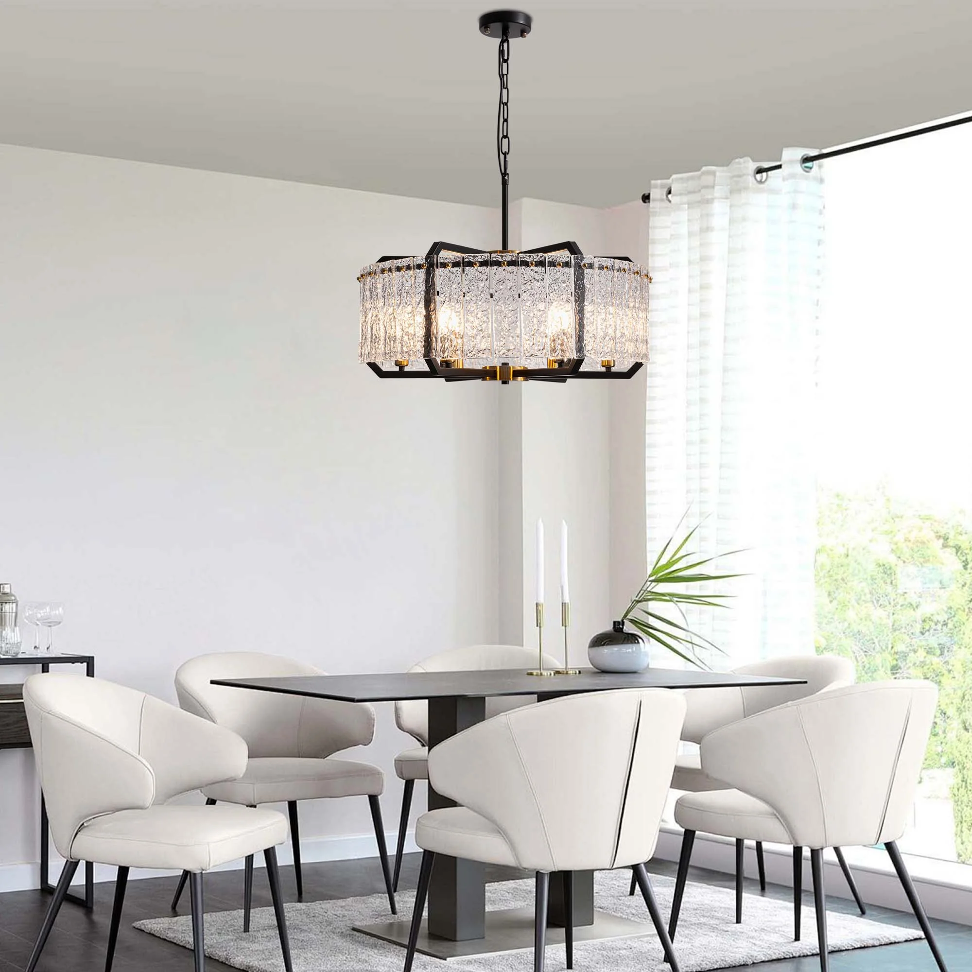 HOOMEDELIER Modern Crystal Chandeliers Lighting for Dining Room,  6-Light Luxury Water Ripple Glass Black Ceiling Light Fixture, Round Drum Chandelier for Kitchen Island, Entryway, Farmhouse 25"D*11"H