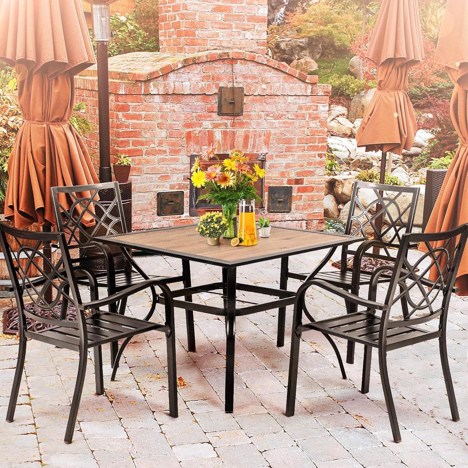 SUNCROWN 5-Piece Outdoor Wrought Iron Chairs and Table Patio Dining Furniture Set - 4 Stackable Metal Chairs and 1 Square Steel Slat Bistro Table with 1.57" Umbrella Hole for Backyard Garden Deck