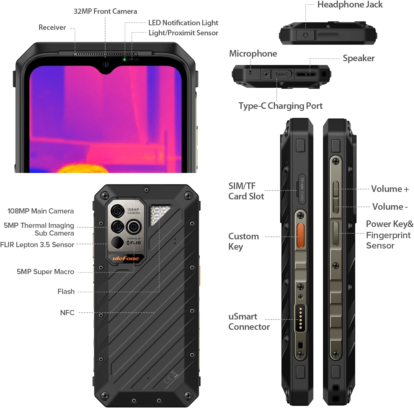 Ulefone Power Armor 18T Ultra 5G Rugged Phones, Thermal Image Camera, 24GB(12+12)+512GB MTK Dimensity 7050, 108MP Camera, 9600mAh, Android 13, uSmart Connector, Wireless Charge Unlocked Phone