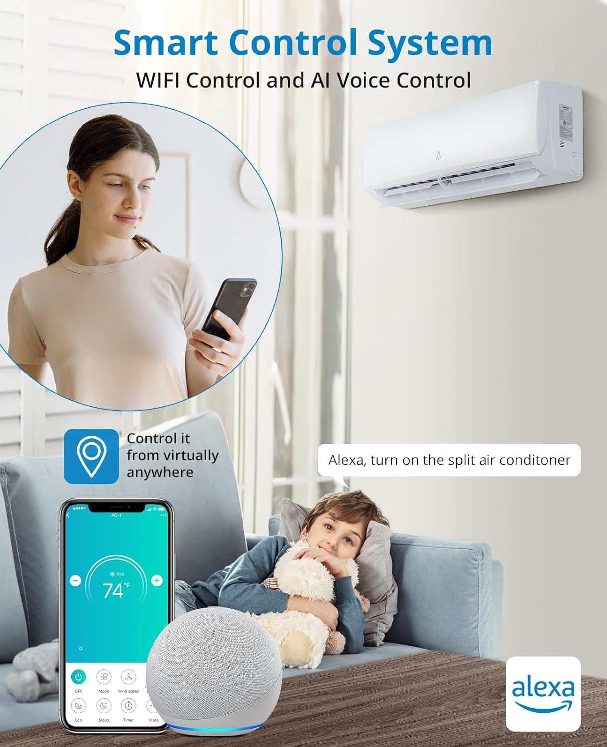 12,000 BTU Mini Split AC, 19 SEER2 Wall Mounted AC with Heat Pump & Installation Kits, Ductless Inverter Split-System Air Conditioners Cools up to 750 Sq.Ft, WIFI and Remote Control, 115V