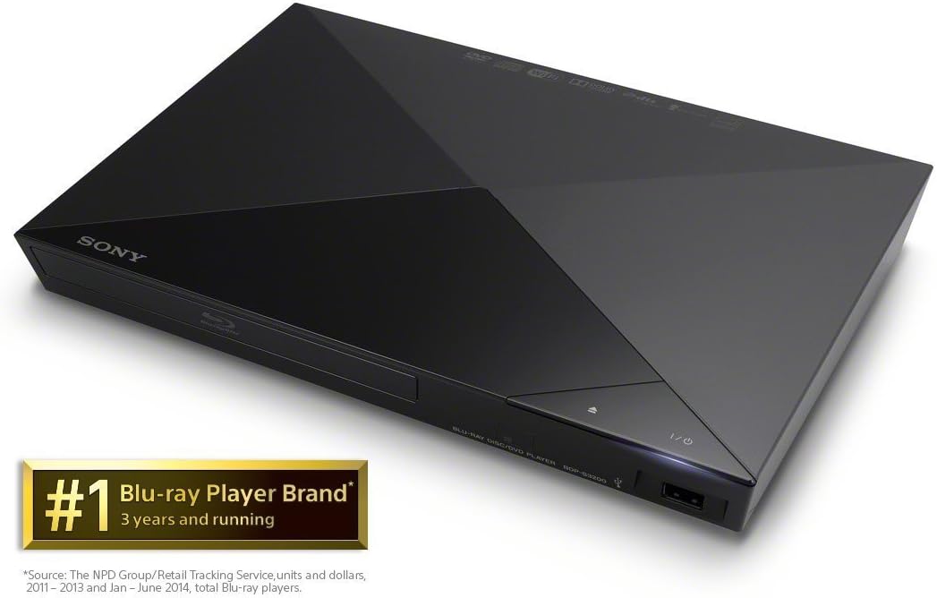 Sony BDP-S3200 Blu-ray DVD CD 1080p Full HD Disc Player With Built-in Wi-Fi and Streaming Apps, Plus HDMI Cable (Renewed)