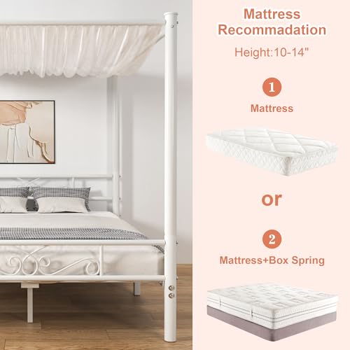 Queen Size Metal Canopy Bed Frame, Four-Poster Canopied Platform Bed Frame with Headboard and Footboard, Sturdy Metal Slatted Structure, No Box Spring Needed, Easy Assembly, White