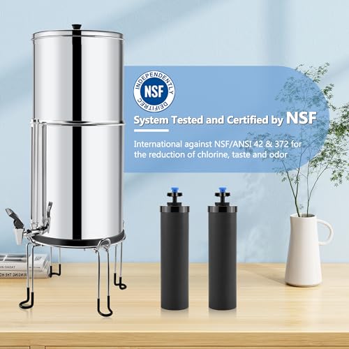 Gravity-fed Water Filter System 2.25 Gallon by Fetechmate, 304 Stainless Steel Ultra-Filtration Gravity Water Filter System Bundle with Water Filter, Metal Water View Spigot and Countertop Stand