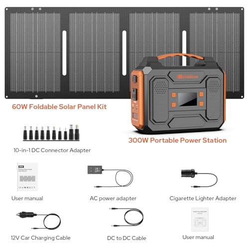 Portable Solar Generator, 300W Portable Power Station with Foldable 60W Solar Panel, 110V Pure Sine Wave 280Wh Lithium Battery Pack with USB DC AC Outlet for Home Use RV Van Outdoor Camping-Orange