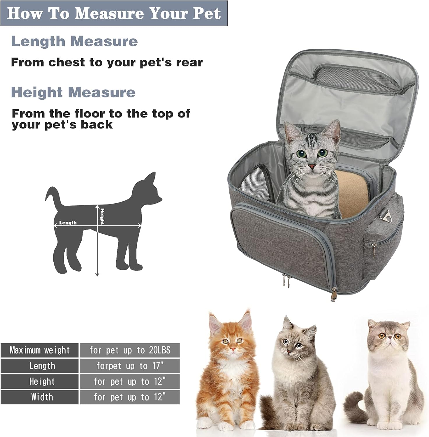X-cosrack Expandable Pet Travel Bag, 3 Open Doors, Mesh Window and Escape-Proof Buckle, Airline Approved Soft-Sided Pet Travel Carrier for Small Medium Cats
