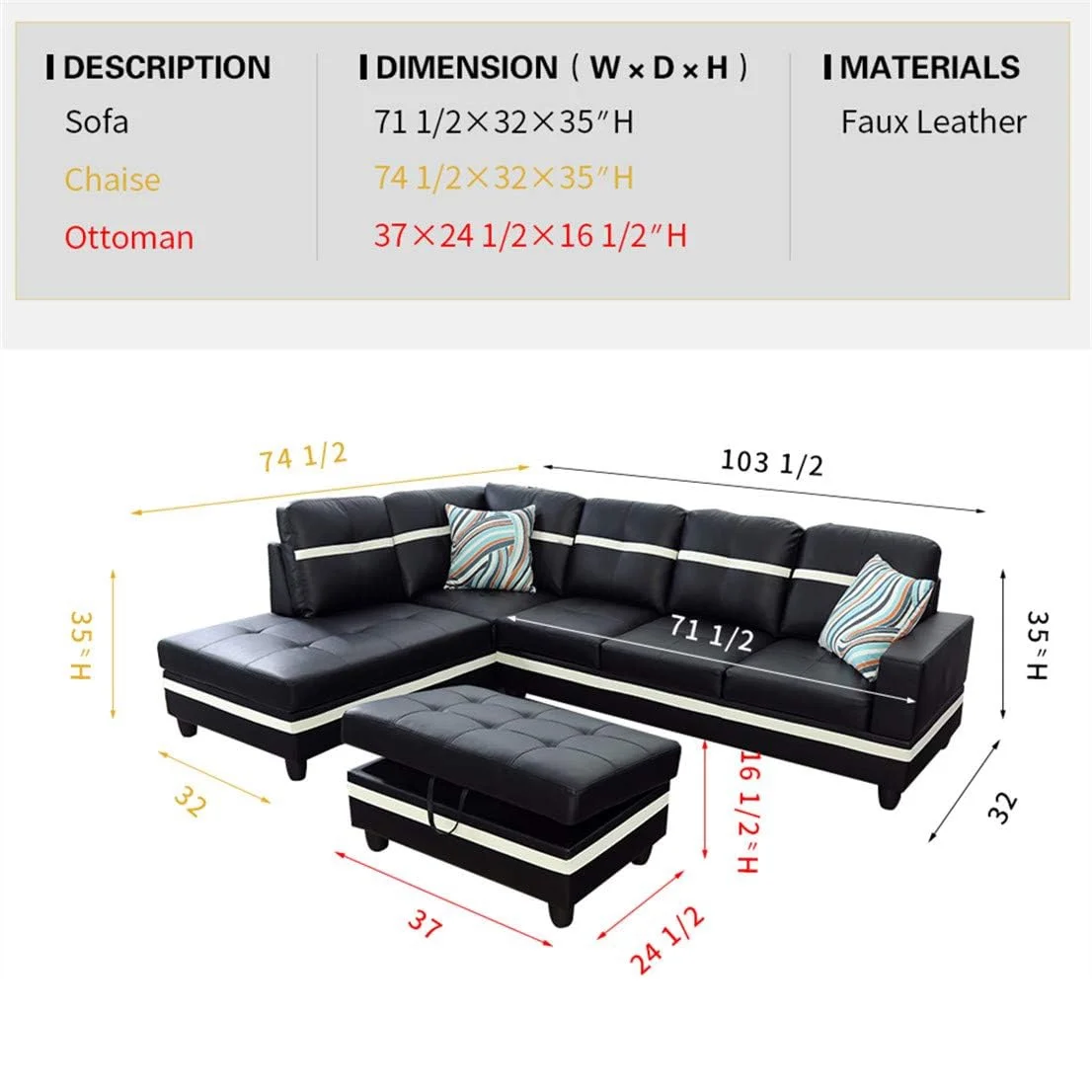 Ainehome 103.5" Leather Sectional Sofa Set, 3-Piece L-Shaped Living Room Couch Sets with Chaise Storage Ottoman and Pillows, Black