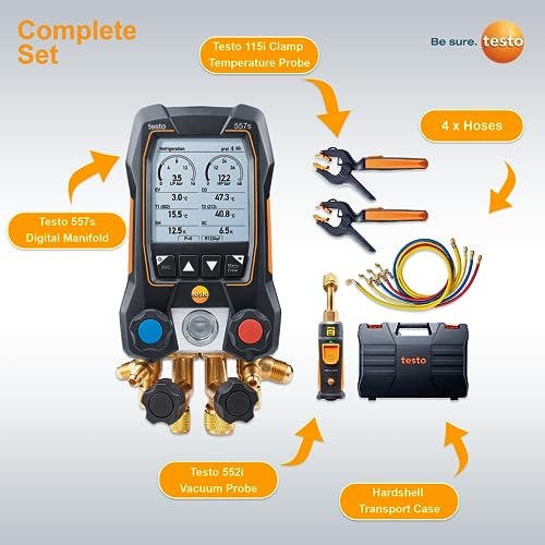 testo 550i Kit I App Operated Digital Manifold,Pipe Clamp Thermometer for air Conditioning, Refrigeration Systems and Heat Pumps – with Bluetooth