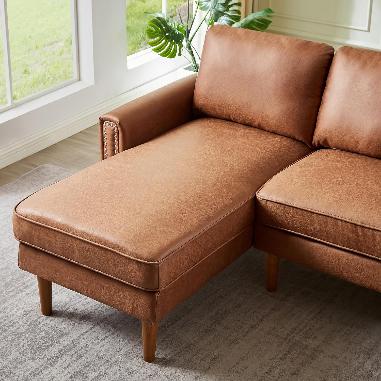 Lifeand 82.2" L-Shape Sofa Couch with Chais Mid-Century Copper Nail on Arms,Strong Wooden Leg and Suede Fabric Design,Left Chaise, Brown
