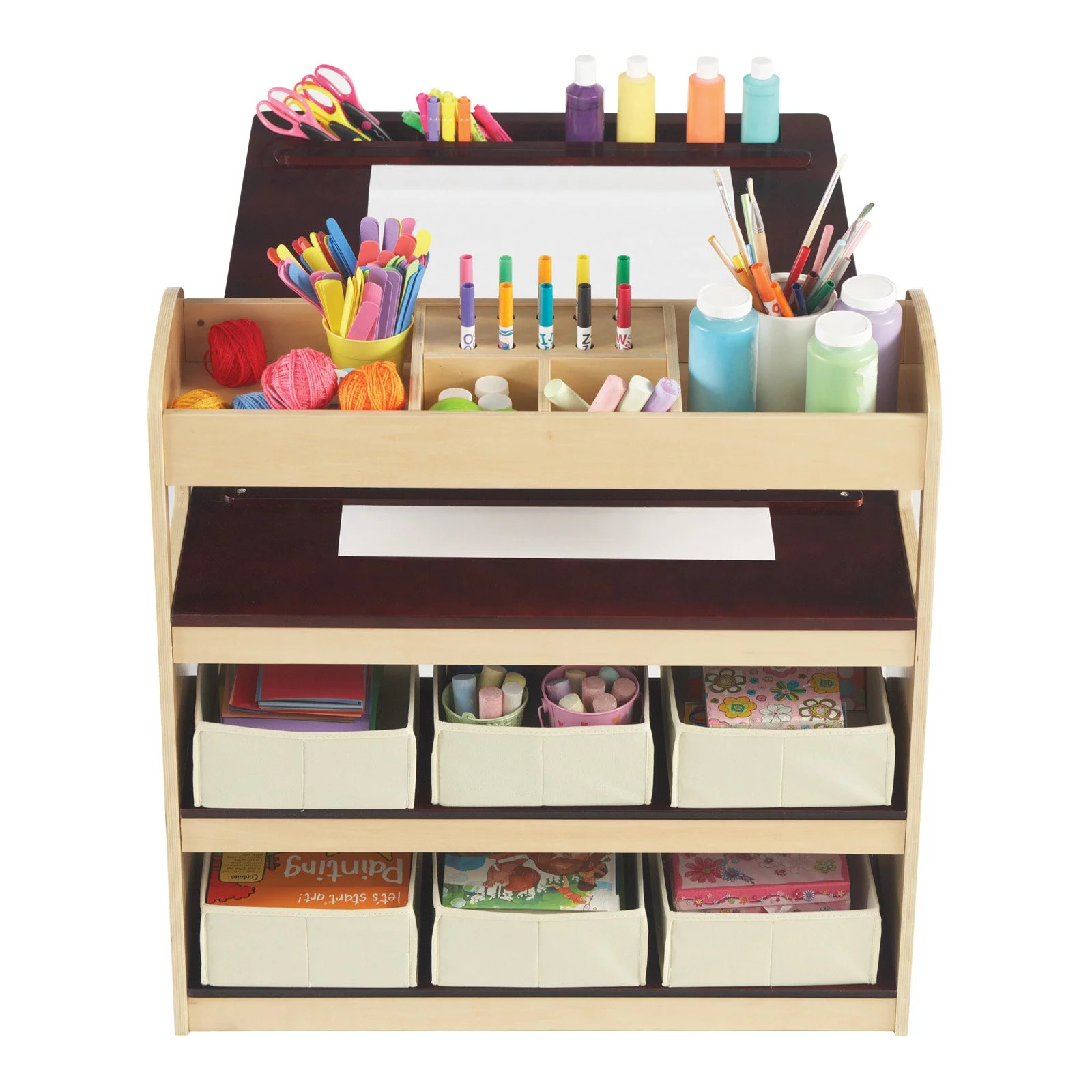 Guidecraft Deluxe Art Center: Drawing Desk and Painting Table for Kids, W/ Two Stools, Craft Supplies Storage Shelves, Canvas Bins, Paper Roll – Preschool Toddler Wooden Learning Furniture