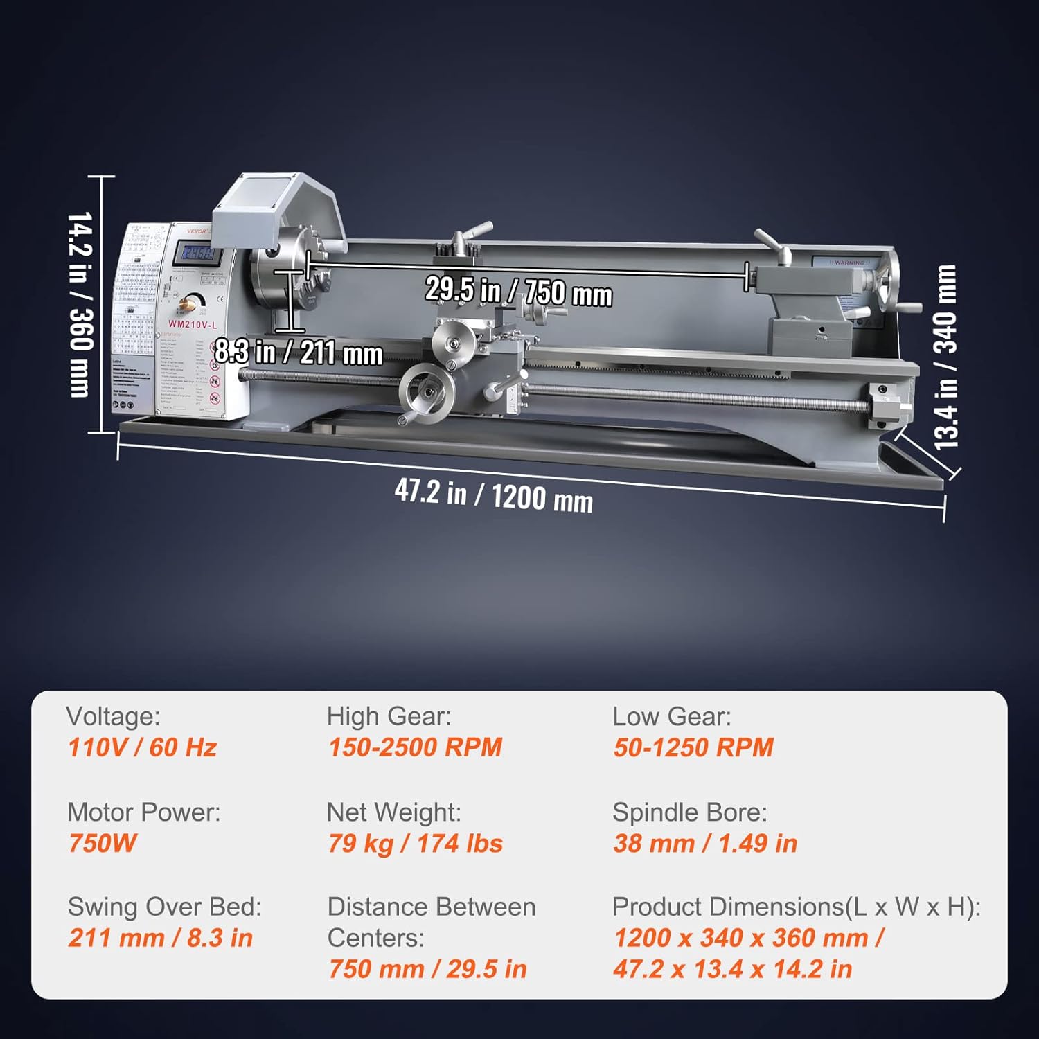 VEVOR Metal Lathe Machine, 8.3'' x 29.5'', Precision Benchtop Power Metal Lathe, 0-2500 RPM Continuously Variable Speed, 750W Brushless Motor Metal Gears, with Tool Box for Processing Precision Parts
