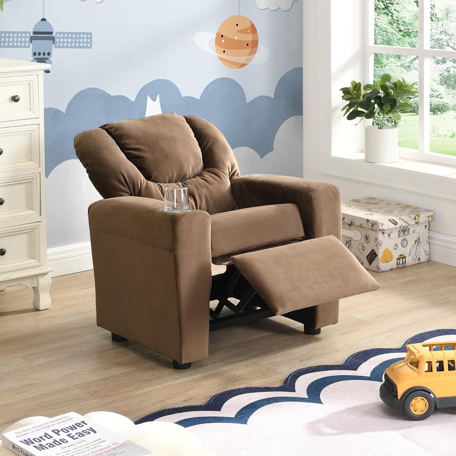 Kids Recliner Chair, Kids Upholstered Couch with One Cup Holder, Footrest, Backrest, Toddlers Velvet Recliner with Headrest and Footrest W214101804