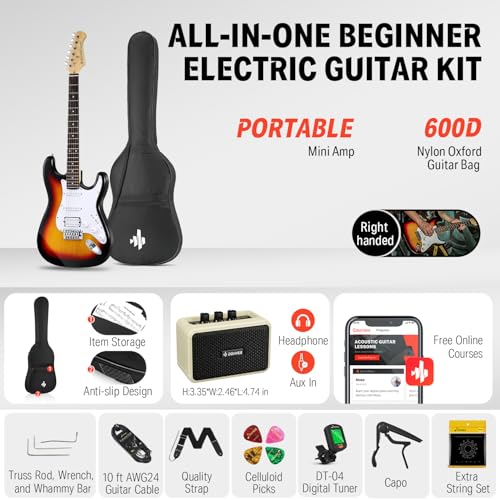 Donner DST-100B 39 Inch Electric Guitar Beginner Kit Solid Body Full Size Black HSS for Starter, with Amplifier, Bag, Digital Tuner, Capo, Strap, String,Cable, Picks