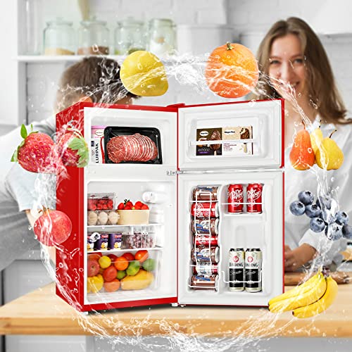BANGSON Mini Fridge with Freezer, 3.2 Cu.Ft Small Refrigerator, 5 Settings Temperature Adjustable, Low Noise Refrigerator, 2 Door Mini Fridge for Apartment, Home, Office and Dorm, Silver
