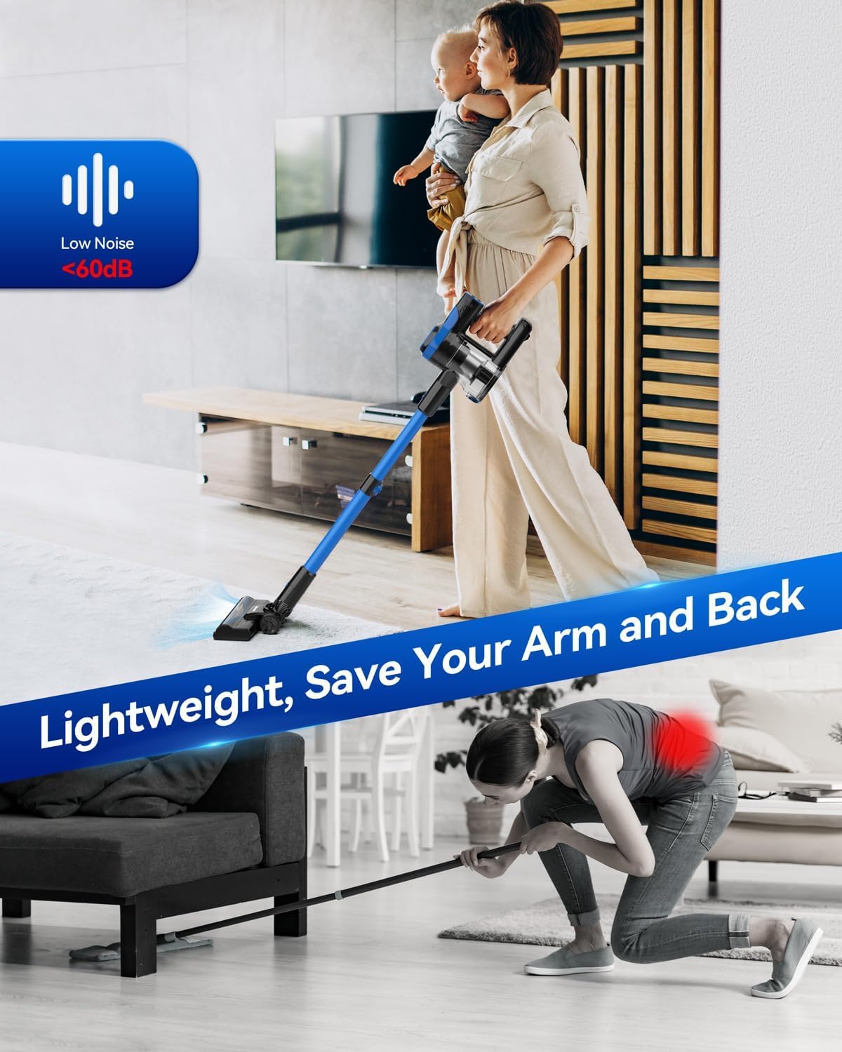 DEVOAC Cordless Vacuum Cleaner, Lightweight with Rechargeable Battery, Convenient 6 in 1 Handheld Stick Vacuum Cleaner with Powerful Suction for Carpet Hard Floor Pet Hair Home