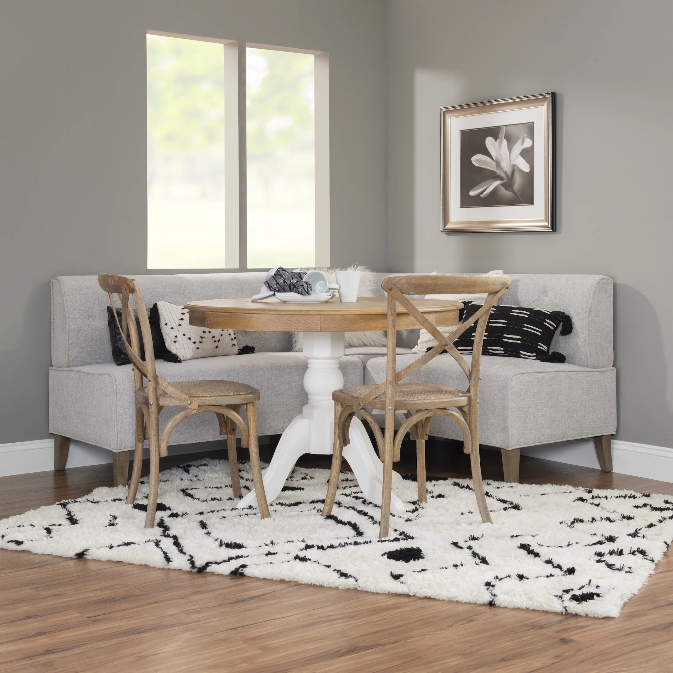 Augusta Upholstered Corner Dining Breakfast Nook, Seats 5, Natural with Light Gray Fabric