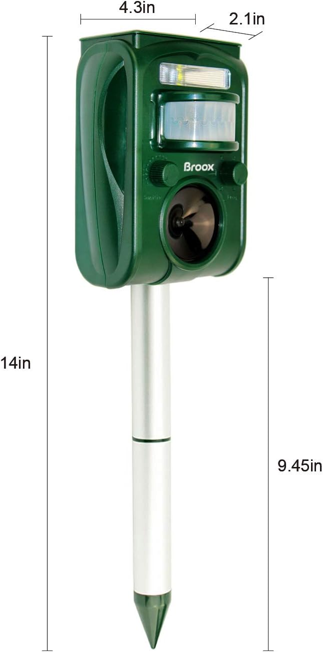 Broox Solar Animal Repeller, Ultrasonic Repellent, Motion Detection, LED Flashing Light, Dog, Cat Repellent, Squirrel, Raccoon, Skunk, Rabbit, Rodent, Fox, Deer, etc.