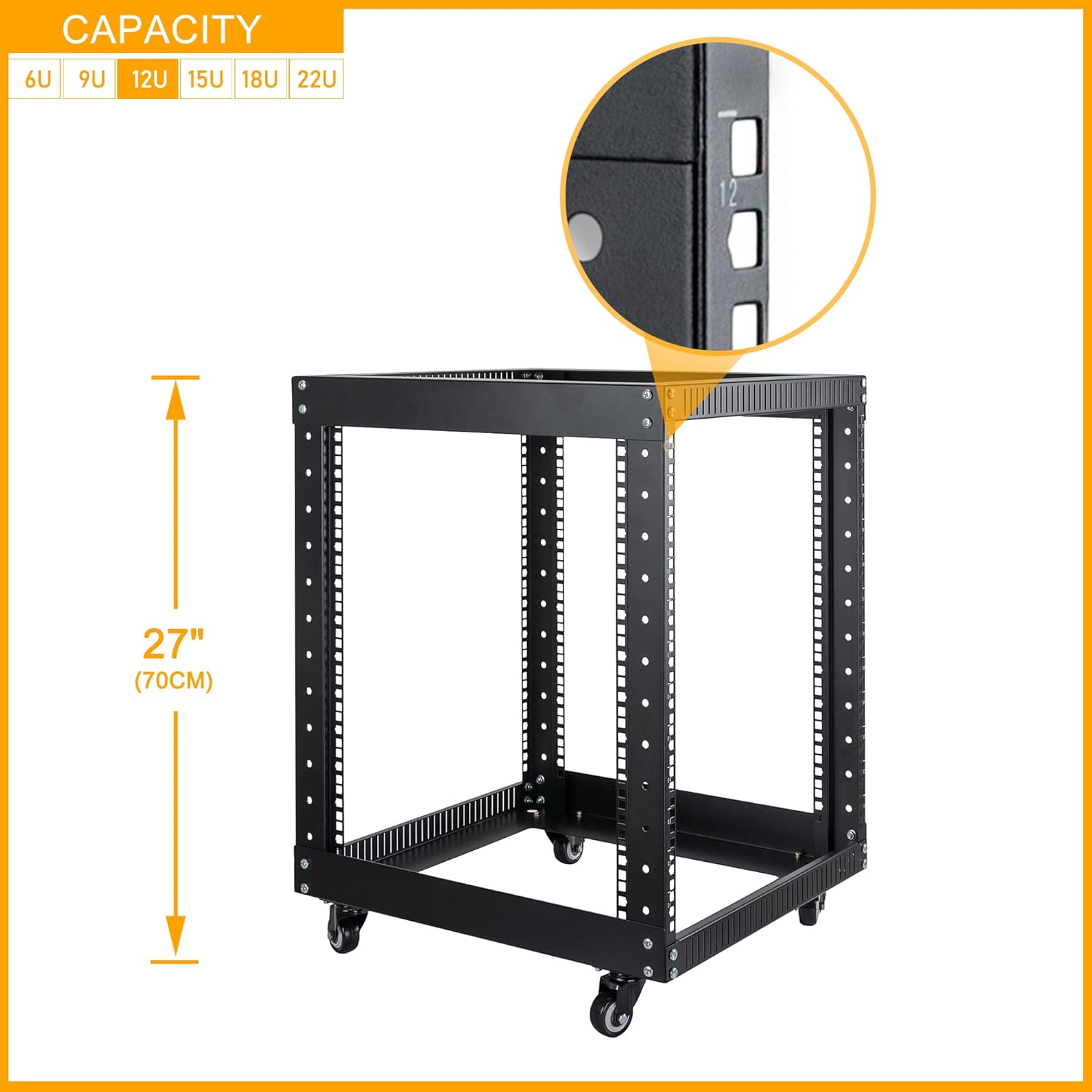 RIVECO 9U Open Frame Server Rack with Casters- Heavy Duty 4 Post Quick Assembly 19-inch, Stereo Rack Network Cabinet Black