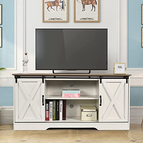 4 EVER WINNER Farmhouse TV Stand with Sliding Barn Doors, Espresso Entertainment Center for 65 Inch TV with Storage Cabinet, Classic Media Console for TV Up to 65 Inch TV Furniture for Living Room