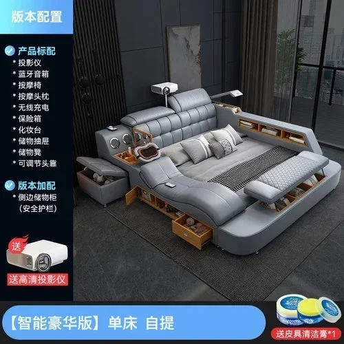 Girl Nordic Aesthetic Double Bed Storage Multifonction Modern King Double Bed Leather Smart Cama Matrimonial Bedroom Furniture