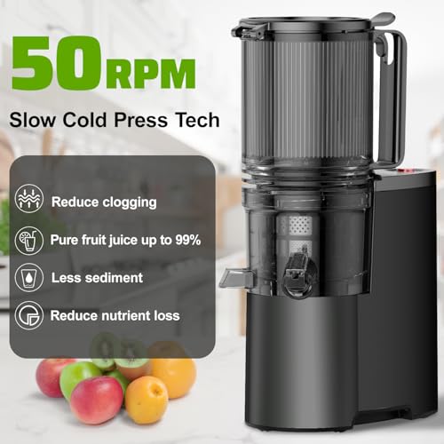 Cold Press Juicer, 5.8" Wide Feed Chute Juice Extractor Machine with 400W, High Juice Yield, Slow Masticating Juicer for Whole Vegetables & Fruits, Metallic Silver