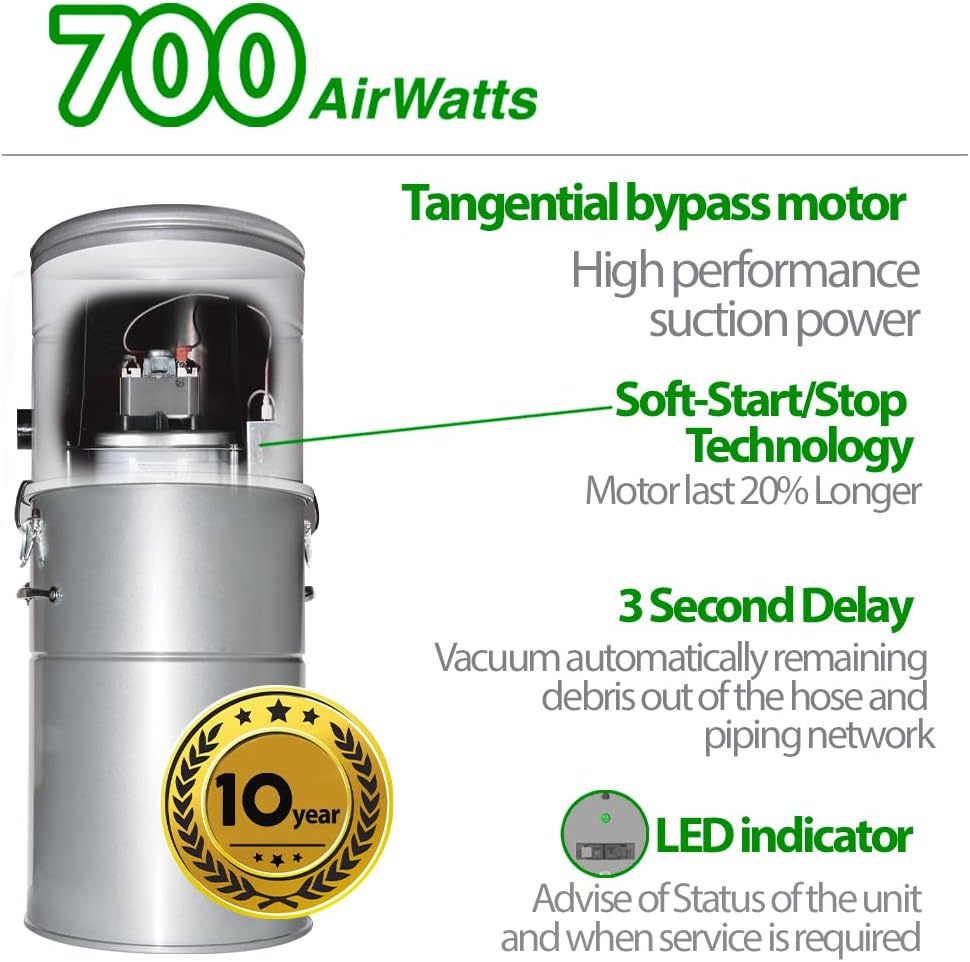 OVO Semi Commercial Central Vacuum System, Hybrid Filtration with or Without Disposable bags-700 Airwatts Power Unit, 35L or 9.25Gal, White