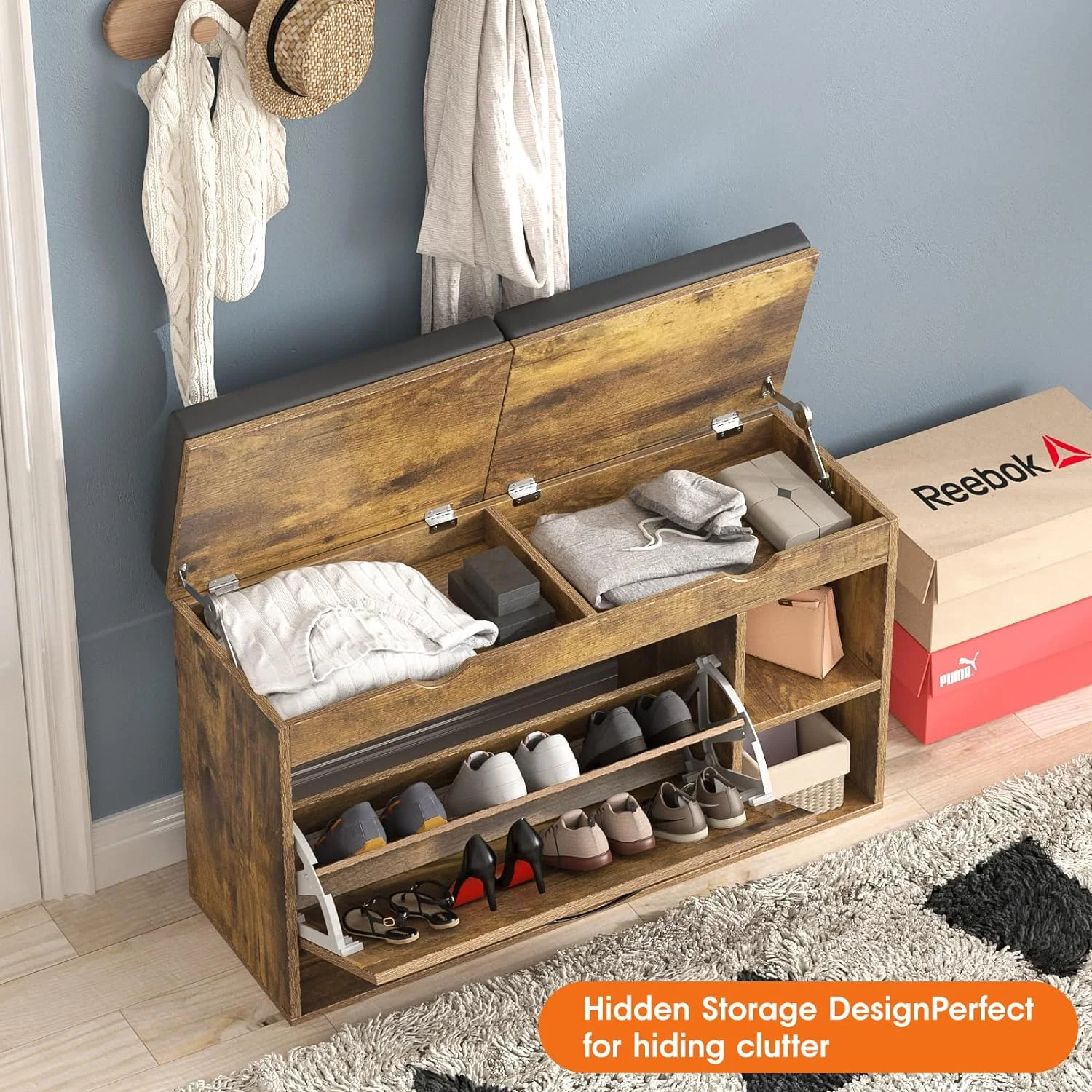 WAGEE Shoe Storage Bench with Flip Drawer, Entryway Bench with 2 Lift Top Storage Boxes, Adjustable Shelf, Narrow Shoe Rack Shoe Cabinet for Entryway Slim, Living Room, Bedroom, Mudroom,Rustic Brown