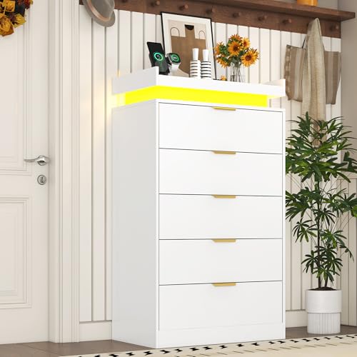 White Dresser with LED Lights, Wooden LED Dresser, 4 Drawer Chest with Charging Station, Tall Chest of Drawer Closet Organizer for Bedroom, Living Room, Entryway, Hallway