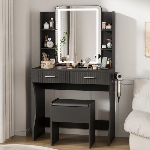 Vanity Desk with LED Lighted Mirror, Makeup Vanity with 3 Adjustable Lights, 2 Large Drawers and 4 Open Shelves, White Vanity with Storage Stool for Bedroom
