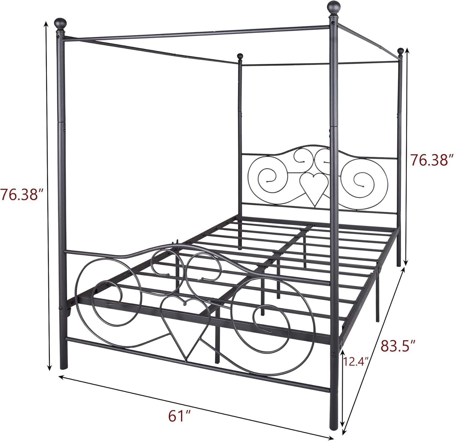 Bed Frame Elegant Metal Canopy Bed Frame with Vintage Style Headboard & Footboard - Easy DIY Assembly Included - Queen Black