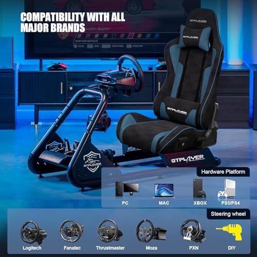GTPLAYER Racing Simulator Cockpit with Seat and Bluetooth Speakers, Racing Style Reclining Seat and Ultra-Sturdy Alloy Steel Frame, A/B Box (Blue)