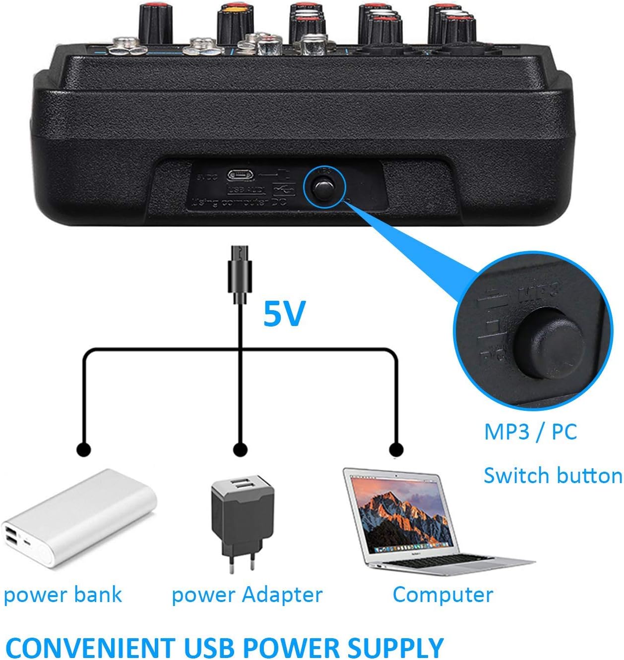Ultra Low-Noise 4 Channels Audio Mixer - Sound Mixing Console Line Mixer with Sound Card and Built-in 48V Phantom Power for Home Music Production, Webcast, K Song and Other Needs by YOUSHARES Pack of 2