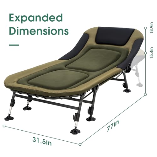 XL Folding Camping Cot with Mattress for Adults, Oversized Camping Bed with Carry Bag, 180° Adjustable Recliner, Portable Outdoor Lounger for Camping, Hiking, Outdoor, Green