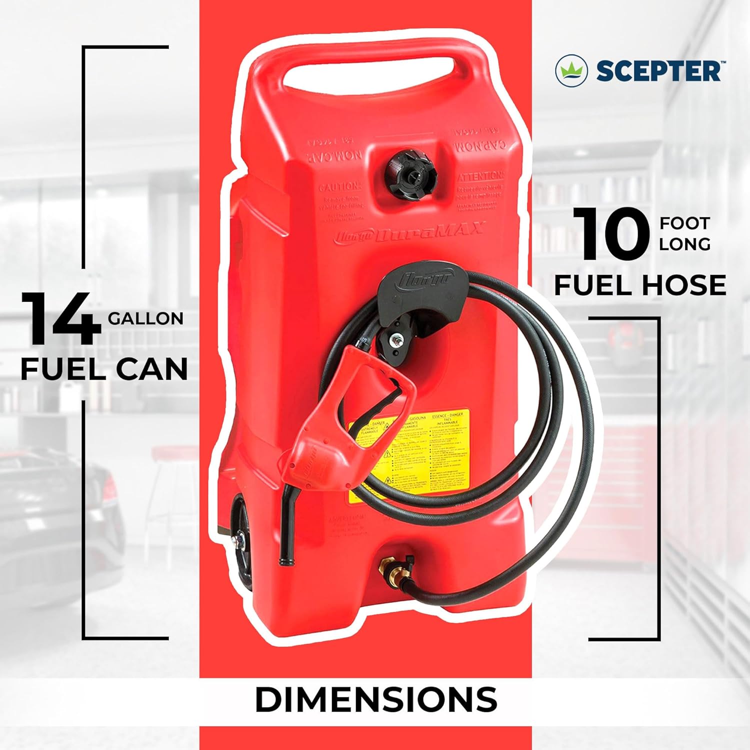Scepter 14 Gallon Portable On Wheels Gas Fuel Tank Container with LE Fluid Transfer Siphon Pump and 10 Foot Long Hose, 2 Pack, Red
