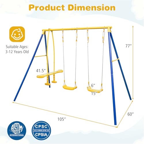 Costzon 440 lbs Swing Sets for Backyard, 3-in-1 Heavy Duty Extra Large Metal Swing Frame w/A-Shaped Stand, Swing, Glider, Gym Rings, Play Equipment for Indoor Outdoor Gifts Kids Toddlers